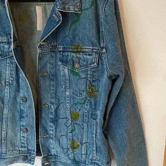 Madewell Cotton Denim Handpainted Floral Jacket Custom T Initial Size M Blue NWT - Picture 5 of 8